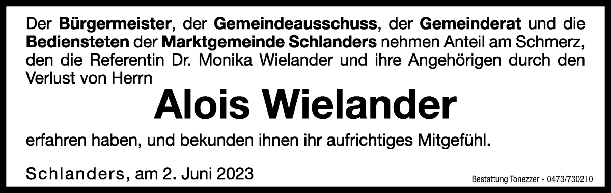  Traueranzeige für Alois Wielander vom 03.06.2023 aus Dolomiten