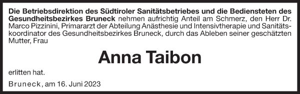 Traueranzeige von Anna Pizzinini von Dolomiten