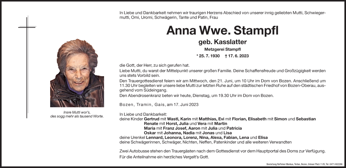  Traueranzeige für Anna Stampfl vom 20.06.2023 aus Dolomiten