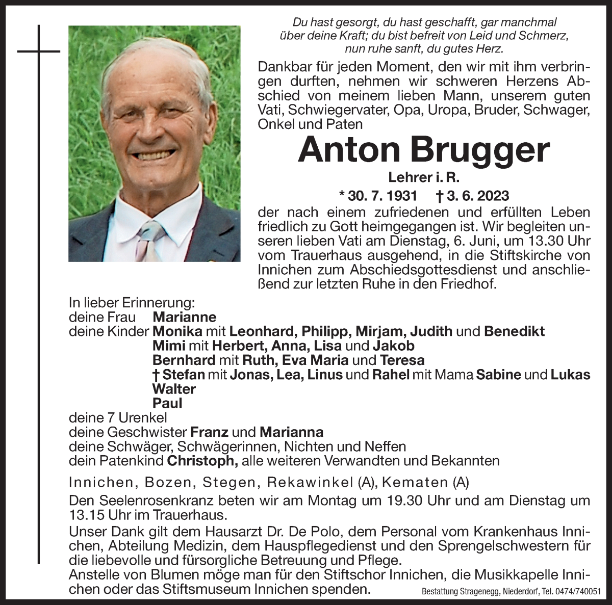  Traueranzeige für Anton Brugger vom 05.06.2023 aus Dolomiten