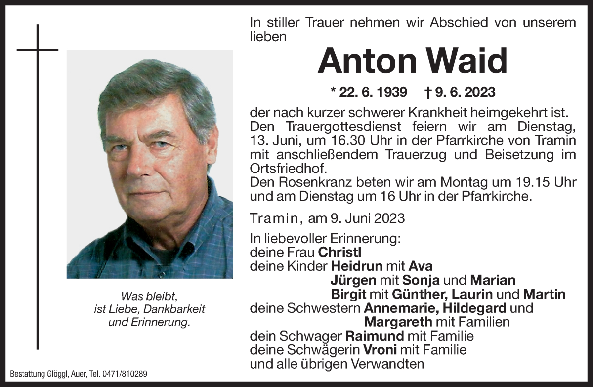  Traueranzeige für Anton Waid vom 12.06.2023 aus Dolomiten