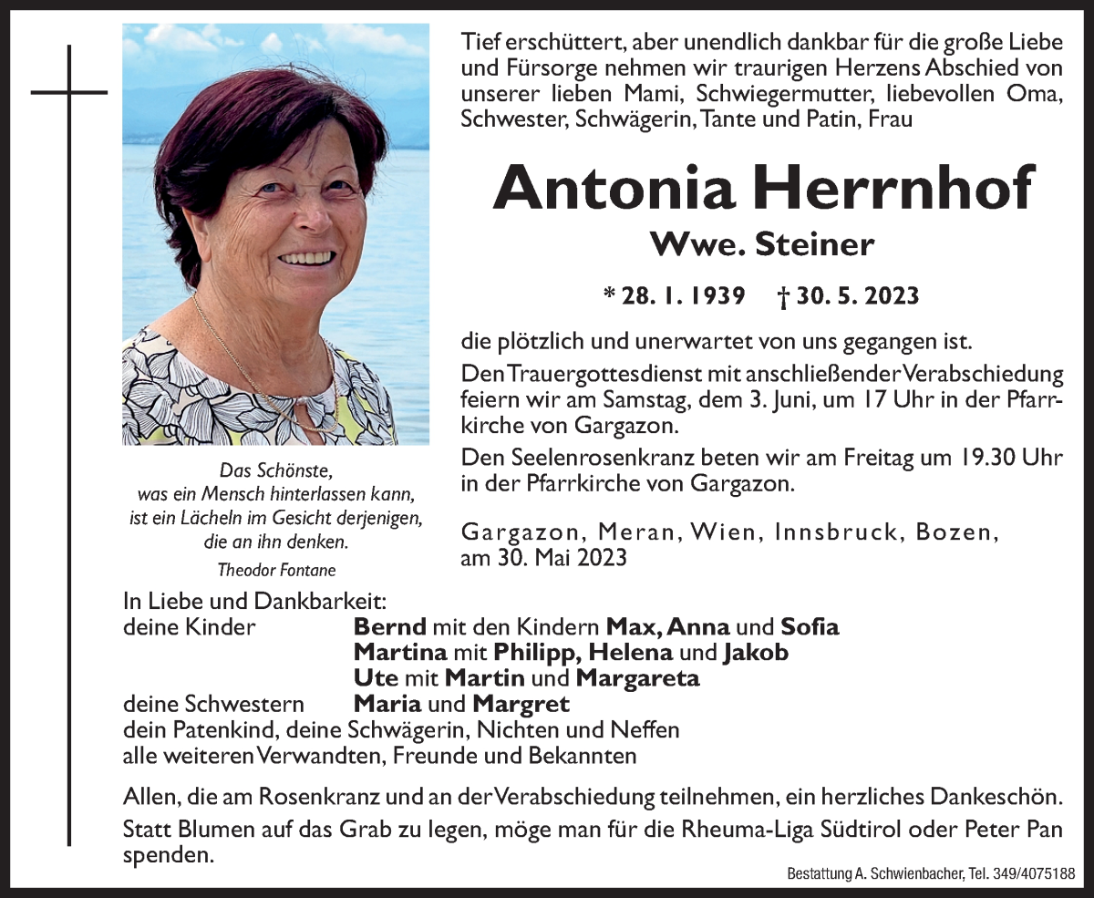  Traueranzeige für Antonia Steiner vom 01.06.2023 aus Dolomiten
