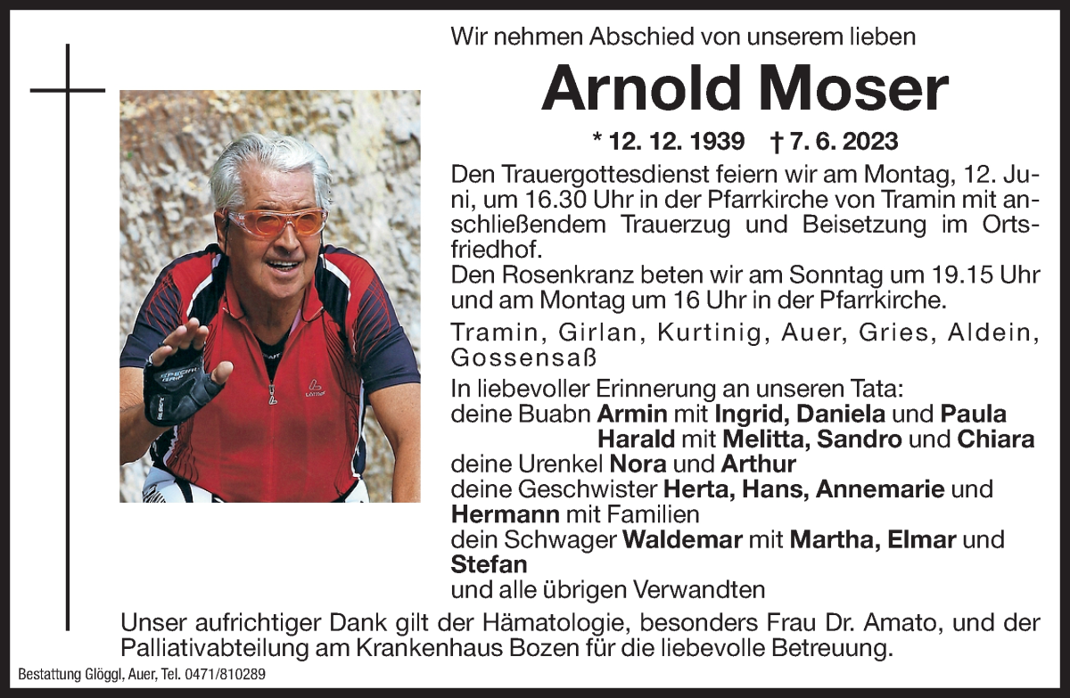  Traueranzeige für Arnold Moser vom 09.06.2023 aus Dolomiten