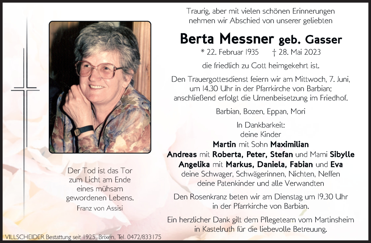  Traueranzeige für Berta Messner vom 06.06.2023 aus Dolomiten