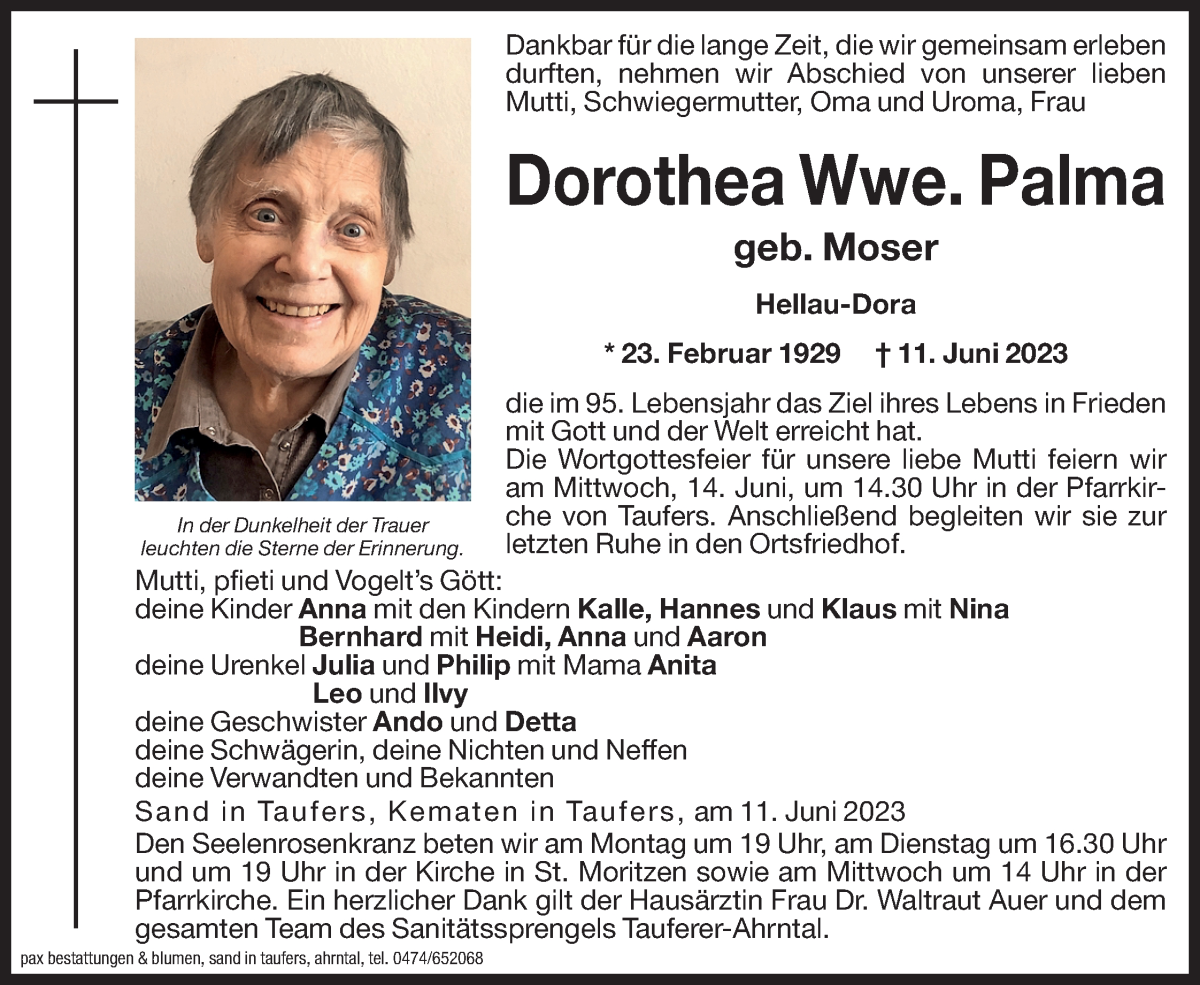 Traueranzeigen Von Dorothea Palma | Trauer.bz