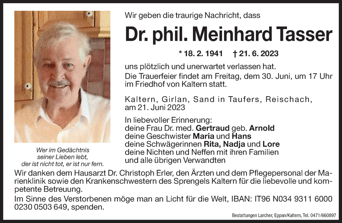  Traueranzeige für Dr. phil. Meinhard Tasser vom 28.06.2023 aus Dolomiten