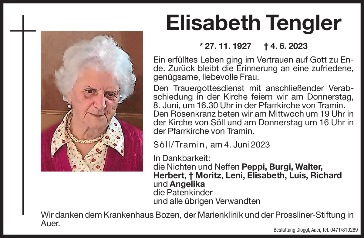  Traueranzeige für Elisabeth Tengler vom 06.06.2023 aus Dolomiten