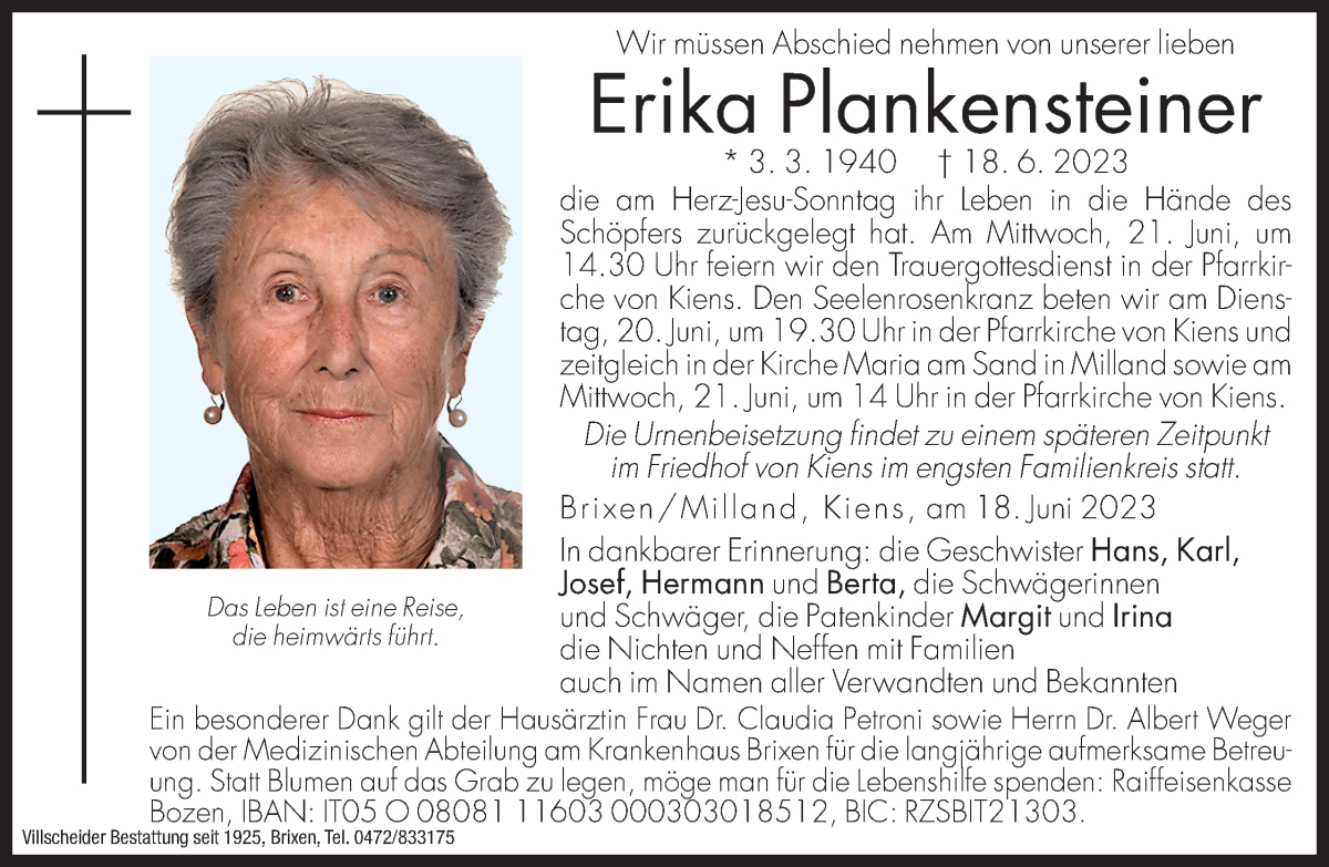 Traueranzeigen Von Erika Plankensteiner Trauerbz 3867