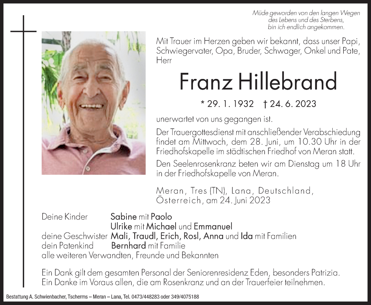  Traueranzeige für Franz Hillebrand vom 26.06.2023 aus Dolomiten