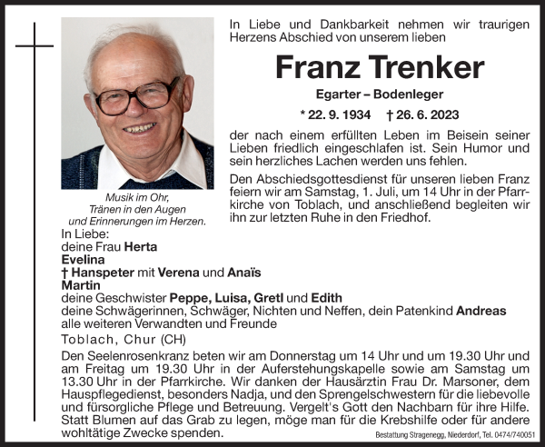 Traueranzeige von Franz Trenker von Dolomiten