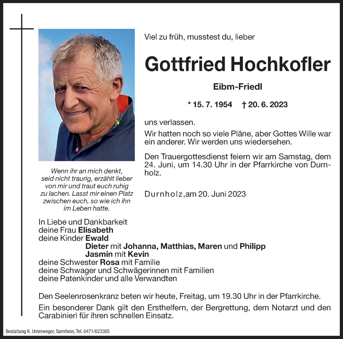  Traueranzeige für Gottfried Hochkofler vom 23.06.2023 aus Dolomiten