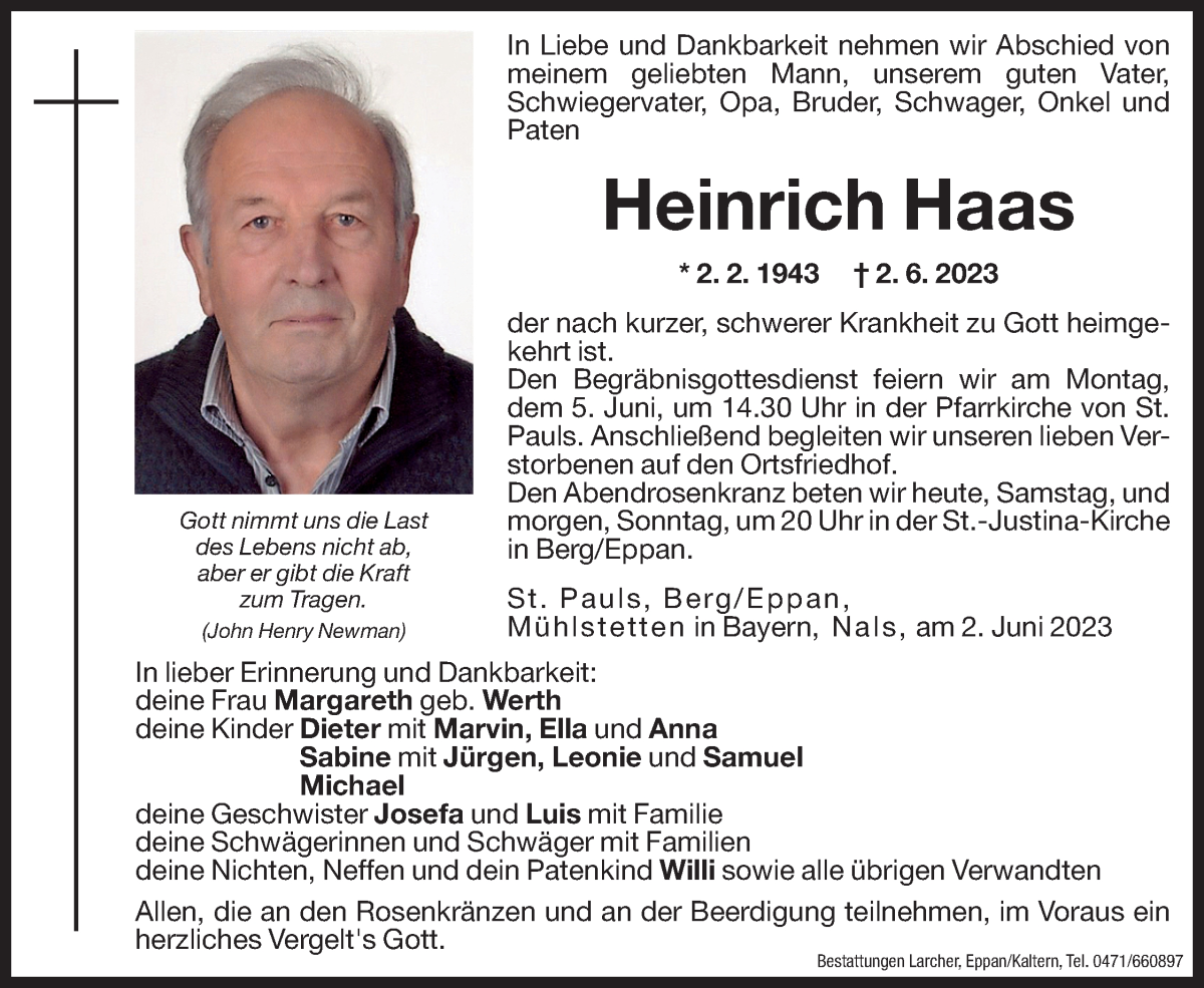  Traueranzeige für Heinrich Haas vom 03.06.2023 aus Dolomiten
