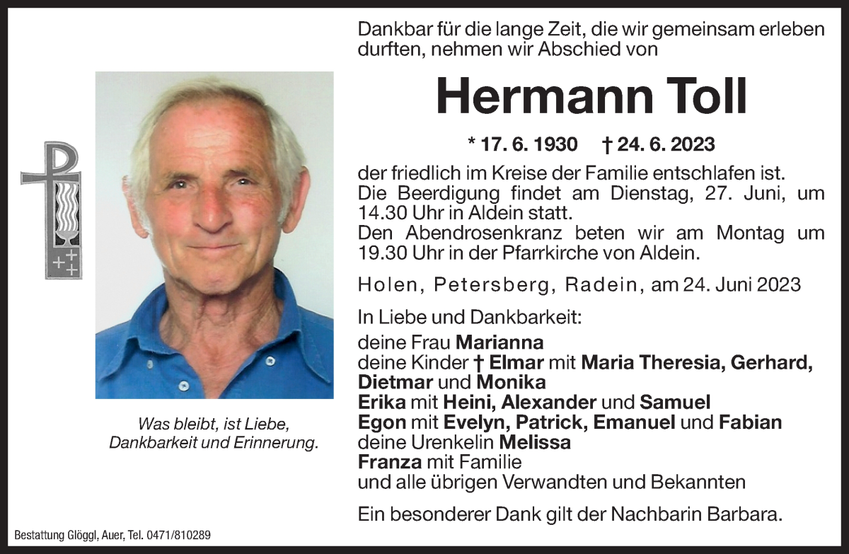  Traueranzeige für Hermann Toll vom 26.06.2023 aus Dolomiten