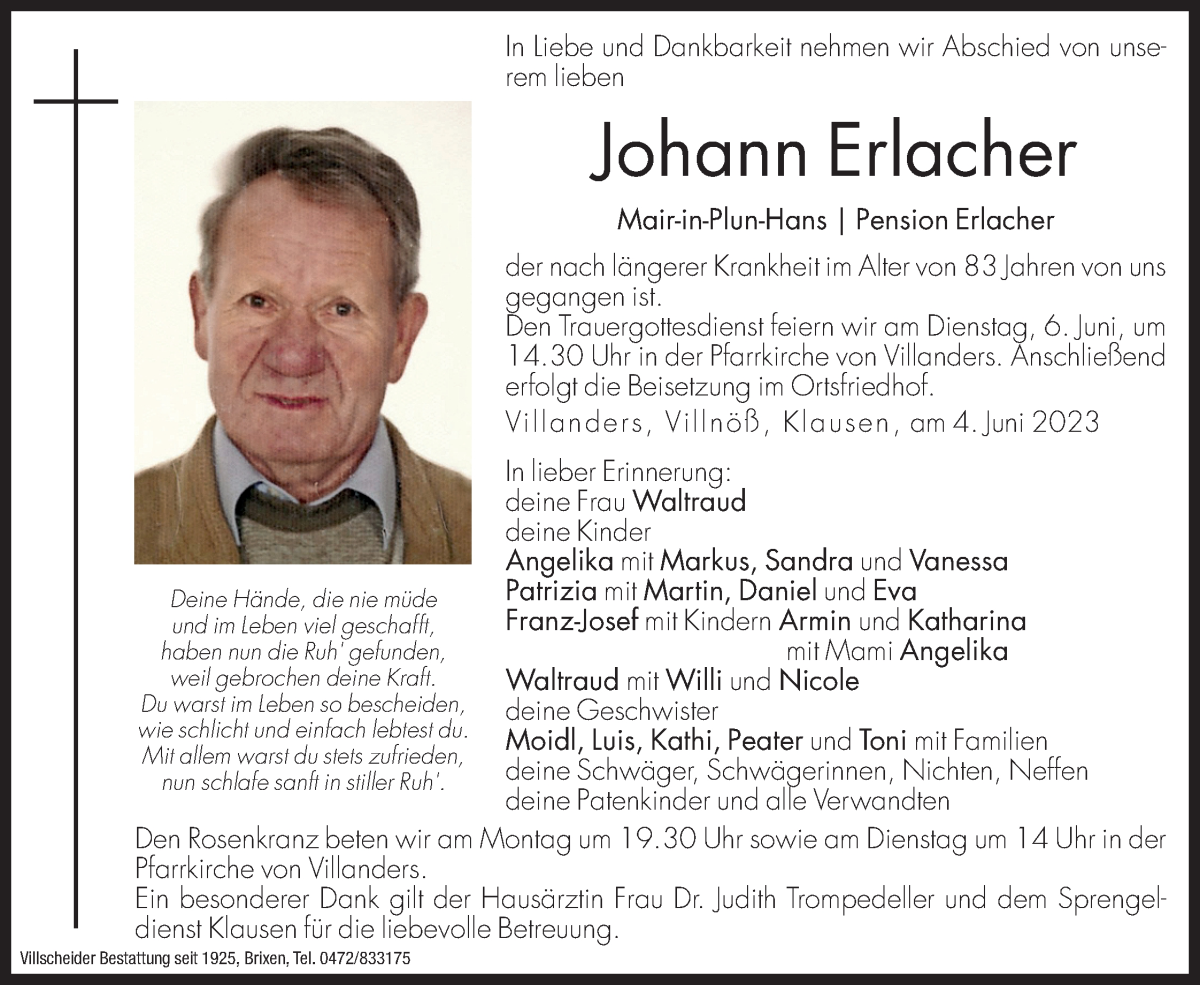  Traueranzeige für Johann Erlacher vom 05.06.2023 aus Dolomiten