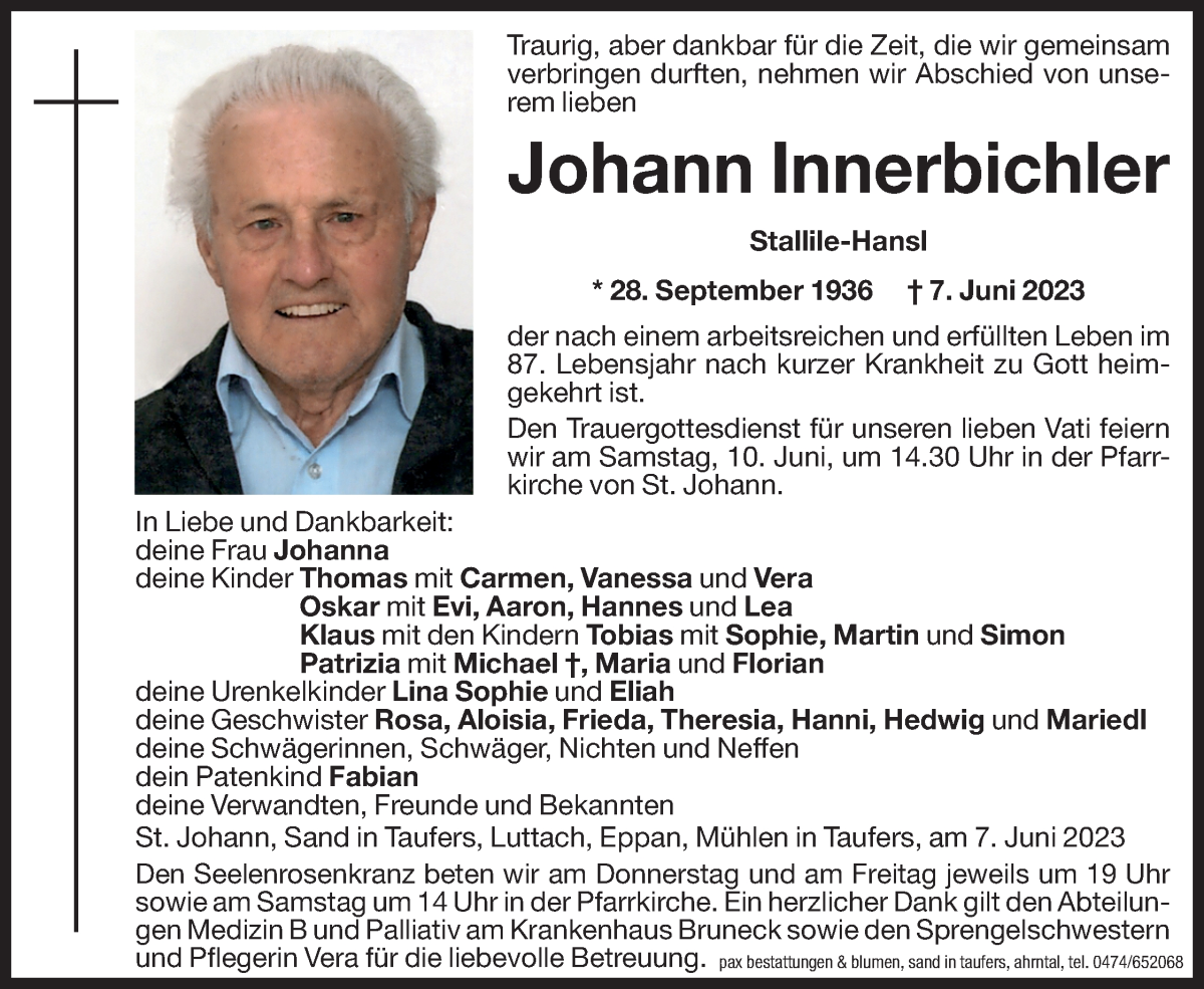  Traueranzeige für Johann Innerbichler vom 08.06.2023 aus Dolomiten