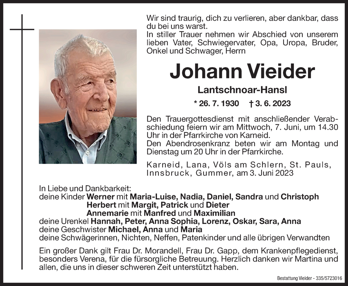  Traueranzeige für Johann Vieider vom 05.06.2023 aus Dolomiten