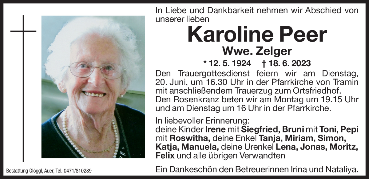  Traueranzeige für Karoline Zelger vom 19.06.2023 aus Dolomiten