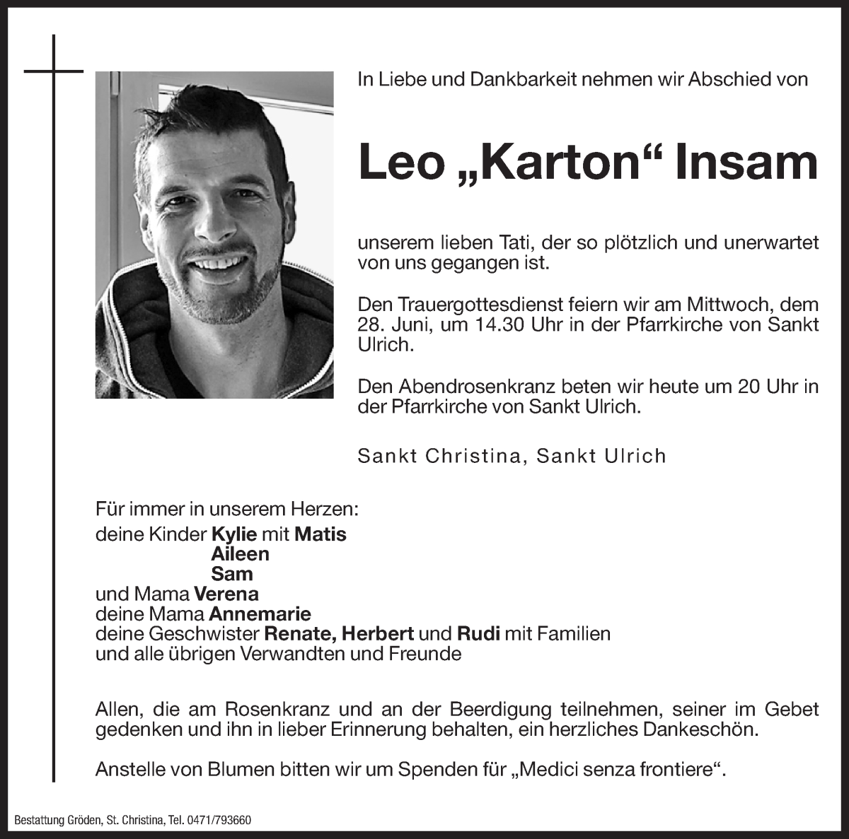  Traueranzeige für Leo  Insam vom 27.06.2023 aus Dolomiten