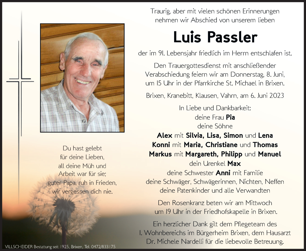  Traueranzeige für Luis Passler vom 07.06.2023 aus Dolomiten