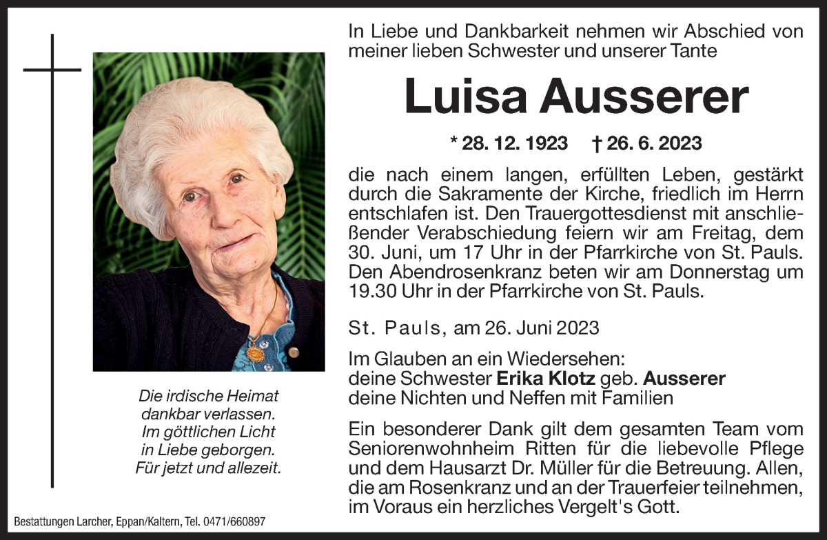  Traueranzeige für Luisa Ausserer vom 27.06.2023 aus Dolomiten