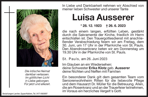 Traueranzeige von Luisa Ausserer von Dolomiten