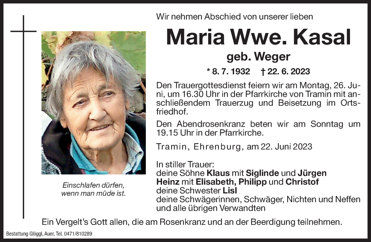  Traueranzeige für Maria Kasal vom 24.06.2023 aus Dolomiten