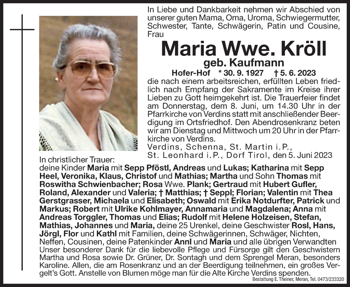  Traueranzeige für Maria Kröll vom 06.06.2023 aus Dolomiten