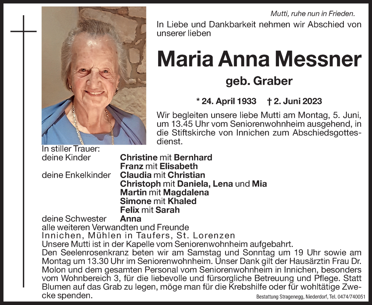  Traueranzeige für Maria Anna Messner vom 03.06.2023 aus Dolomiten