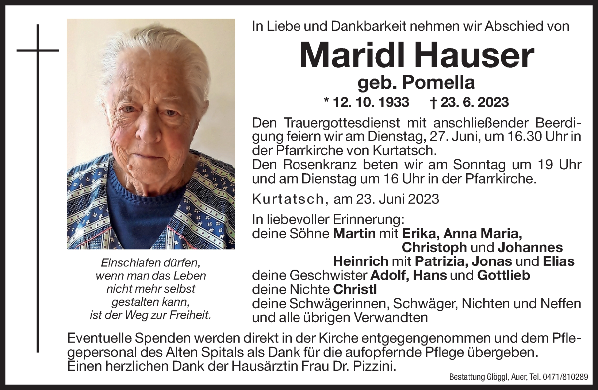  Traueranzeige für Maridl Hauser vom 24.06.2023 aus Dolomiten