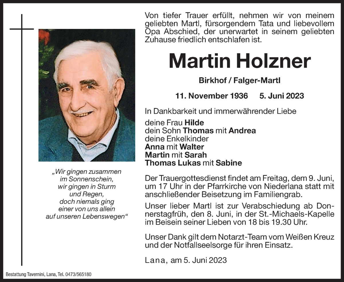  Traueranzeige für Martin Holzner vom 07.06.2023 aus Dolomiten