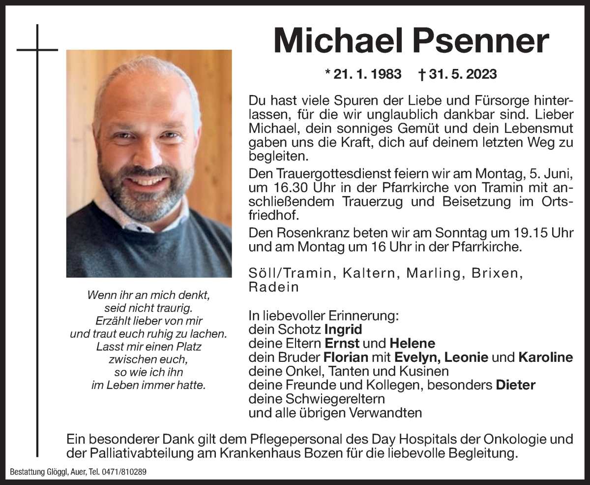  Traueranzeige für Michael Psenner vom 03.06.2023 aus Dolomiten