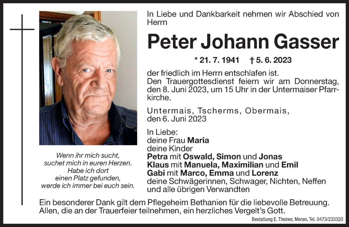 Traueranzeige für Peter Johann Gasser vom 07.06.2023 aus Dolomiten