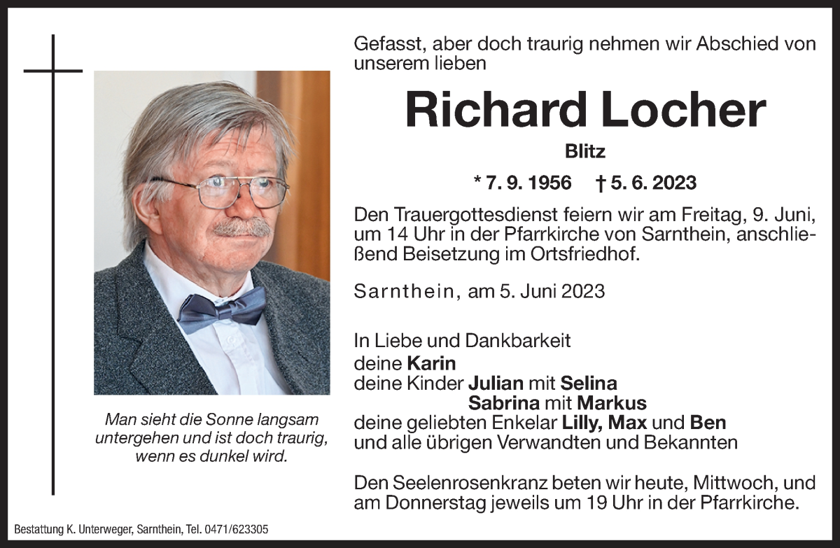 Traueranzeige für Richard Locher vom 07.06.2023 aus Dolomiten