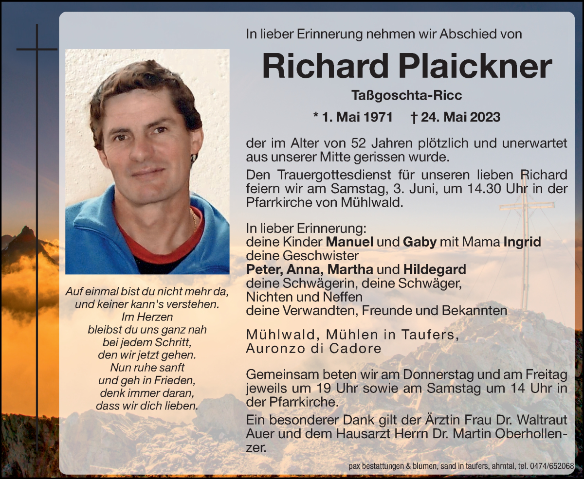  Traueranzeige für Richard Plaickner vom 01.06.2023 aus Dolomiten