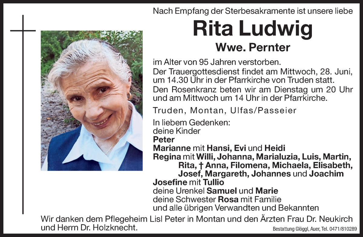  Traueranzeige für Rita Pernter vom 27.06.2023 aus Dolomiten