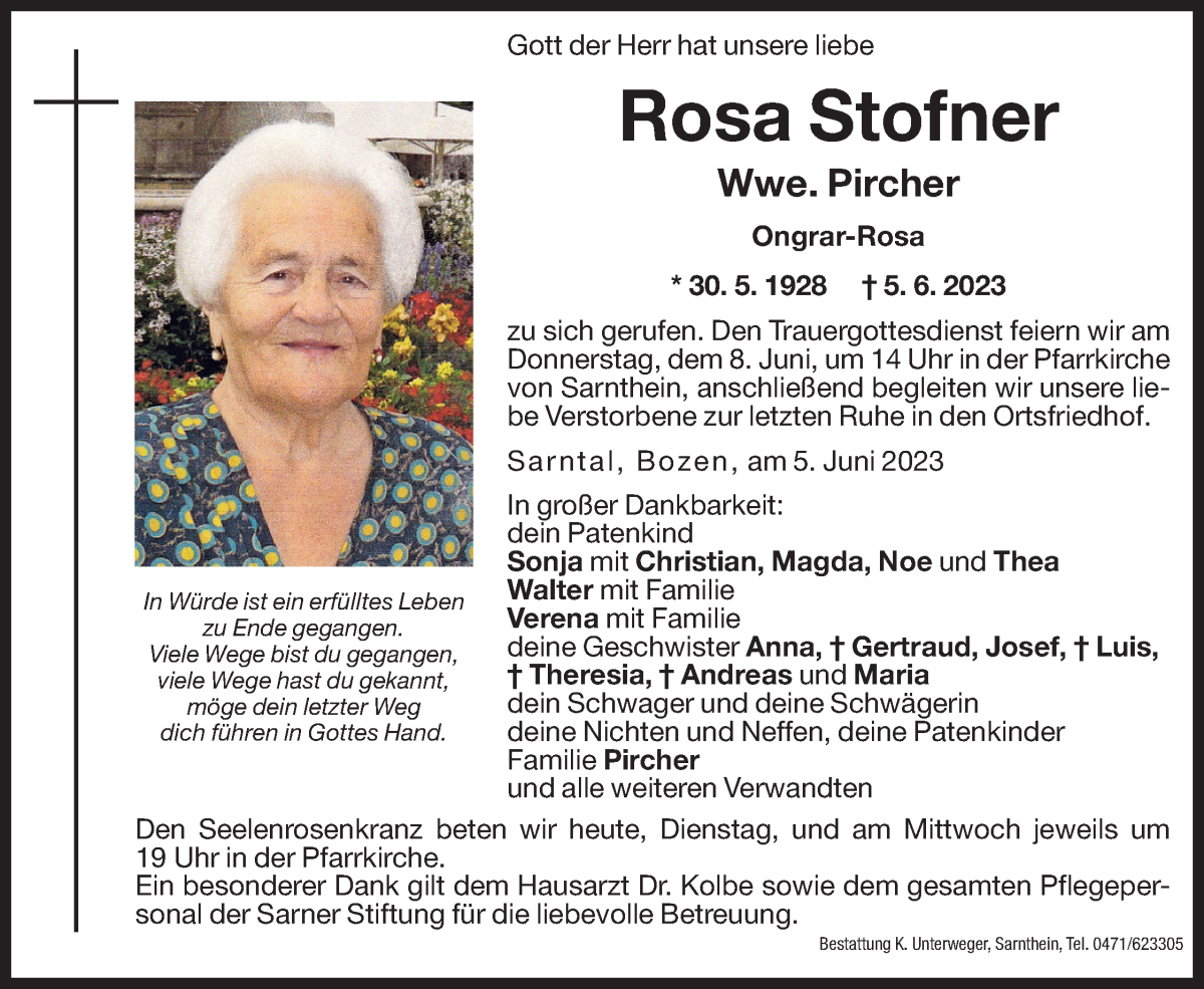  Traueranzeige für Rosa Pircher vom 06.06.2023 aus Dolomiten
