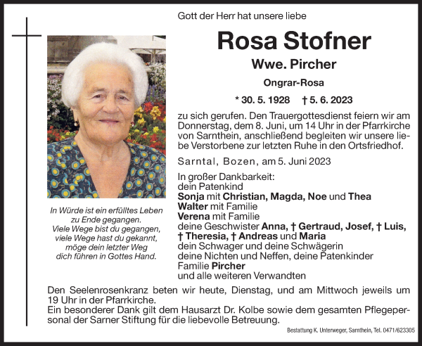 Traueranzeige von Rosa Pircher von Dolomiten