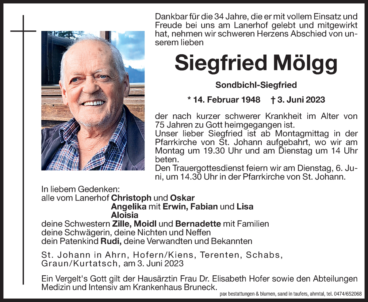  Traueranzeige für Siegfried Mölgg vom 05.06.2023 aus Dolomiten