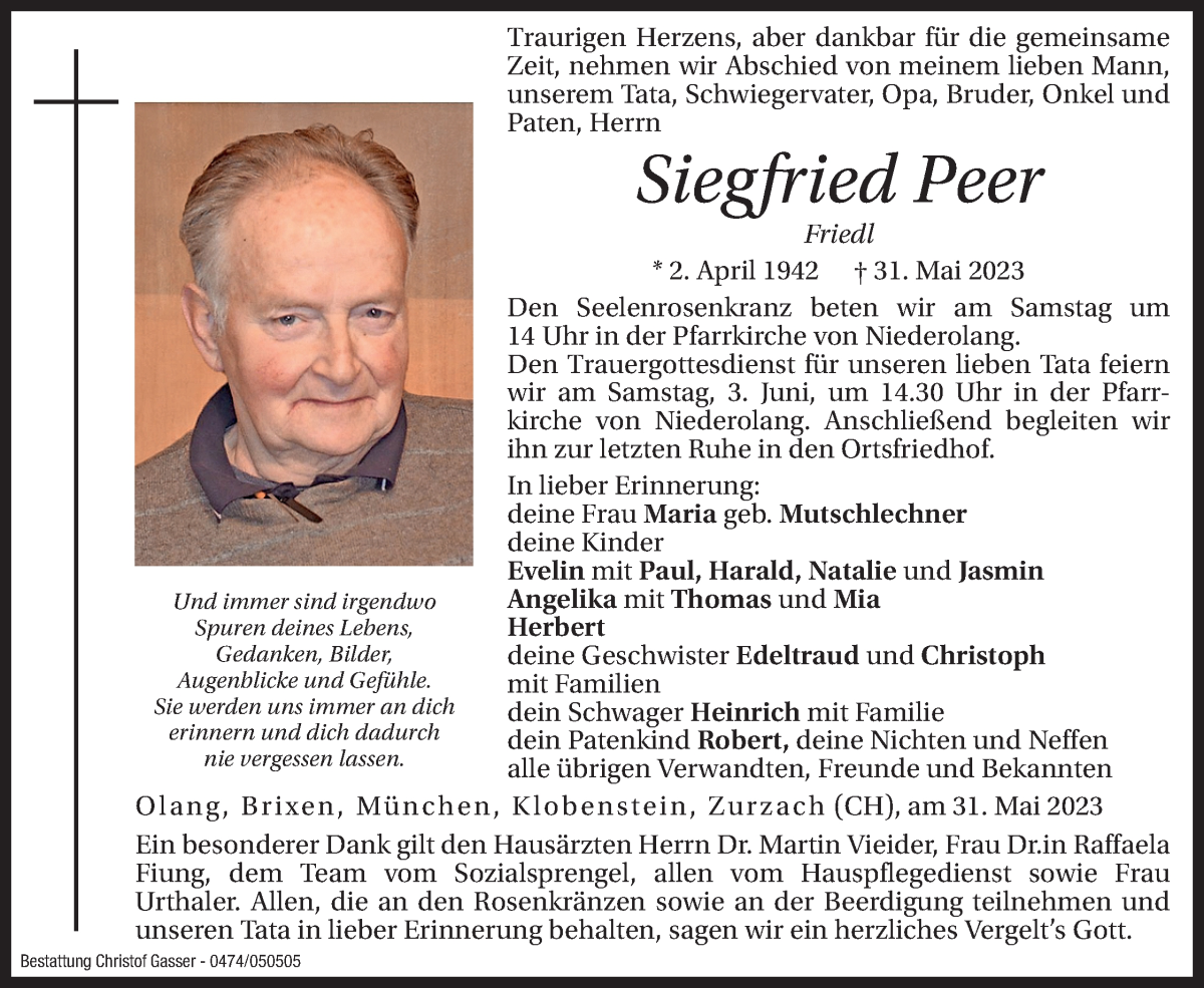  Traueranzeige für Siegfried Peer vom 03.06.2023 aus Dolomiten