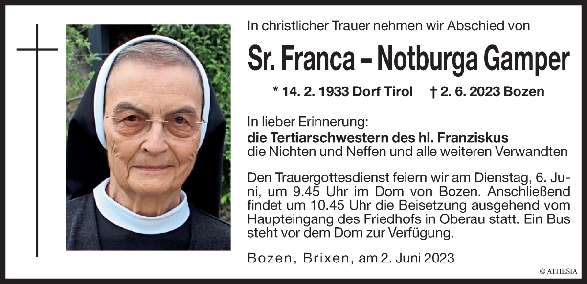  Traueranzeige für Sr. Franca – Notburga Gamper vom 05.06.2023 aus Dolomiten