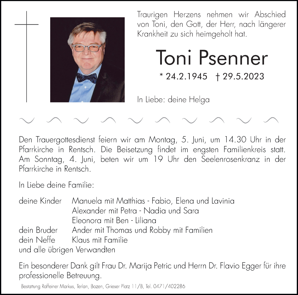  Traueranzeige für Toni Psenner vom 03.06.2023 aus Dolomiten