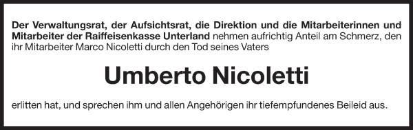 Traueranzeige von Umberto Nicoletti von Dolomiten