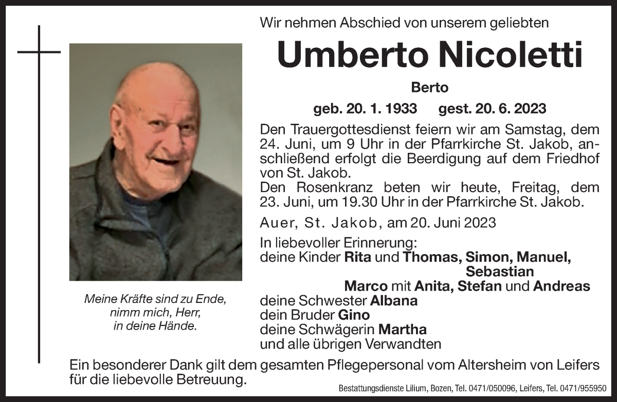  Traueranzeige für Umberto Nicoletti vom 23.06.2023 aus Dolomiten