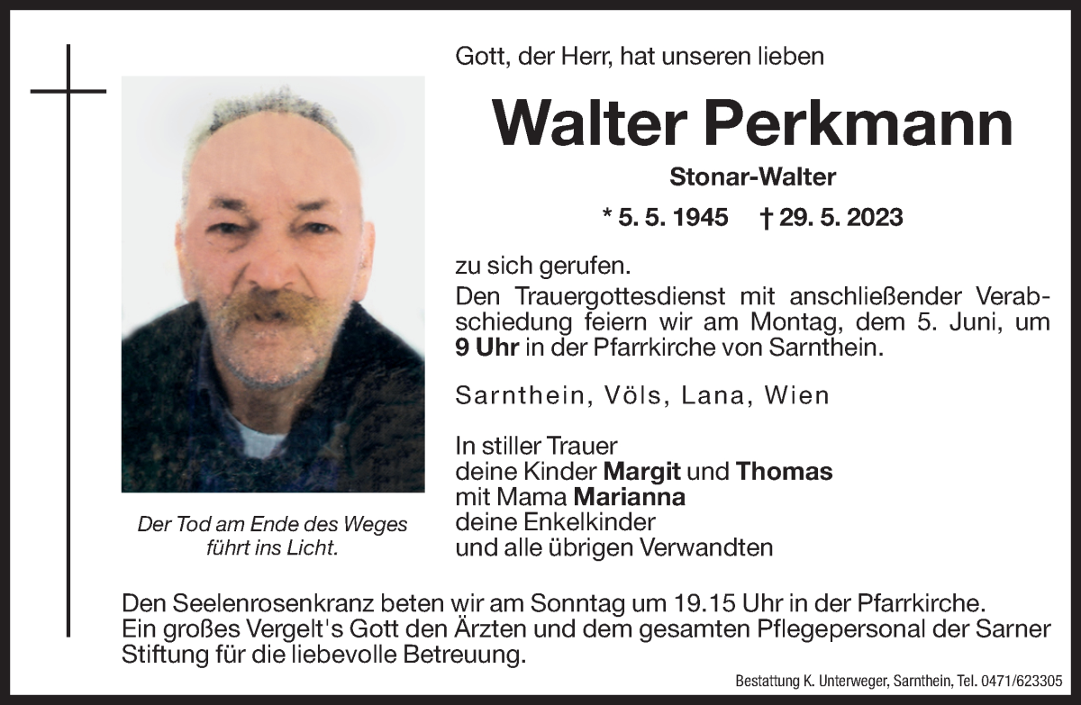  Traueranzeige für Walter Perkmann vom 03.06.2023 aus Dolomiten