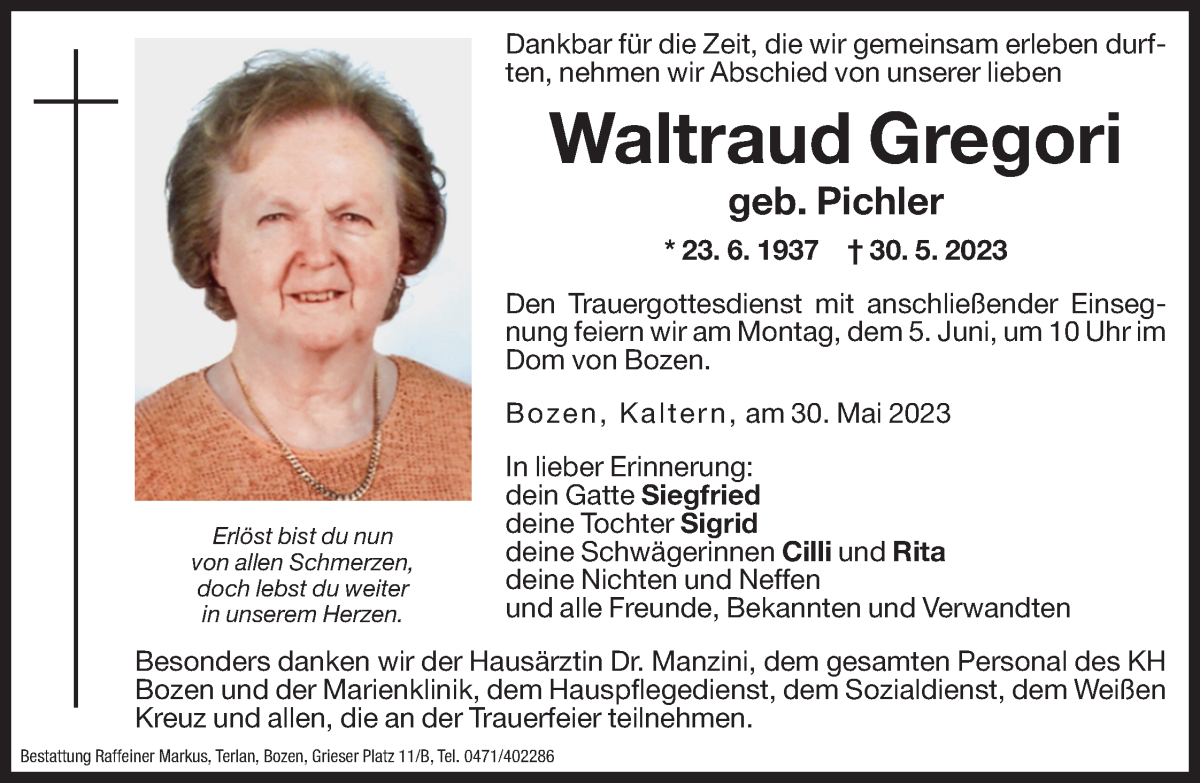 Traueranzeige für Waltraud Gregori vom 03.06.2023 aus Dolomiten