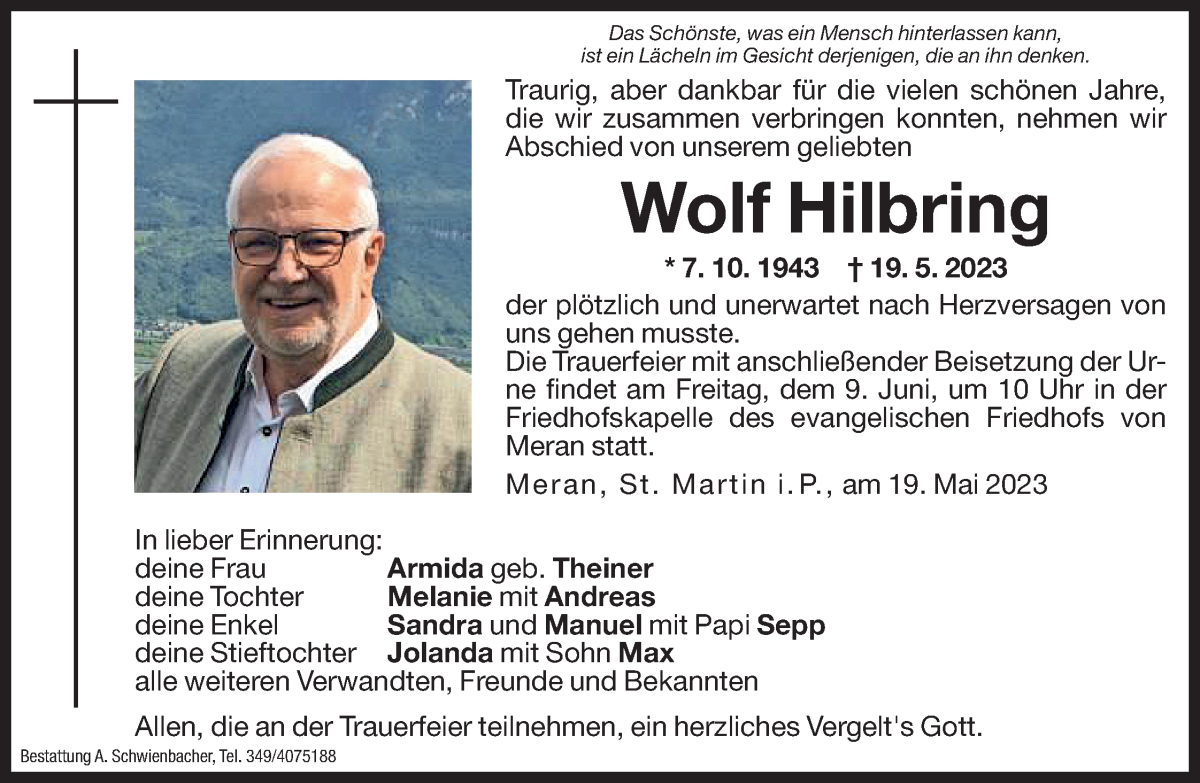  Traueranzeige für Wolf Hilbring vom 08.06.2023 aus Dolomiten