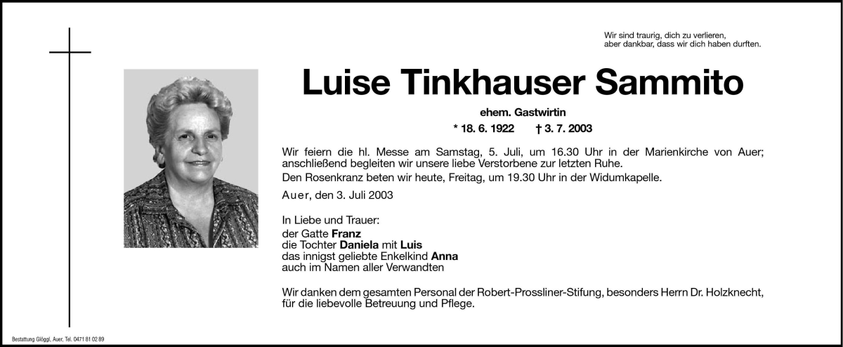  Traueranzeige für Luise Tinkhauser vom 04.07.2003 aus Dolomiten