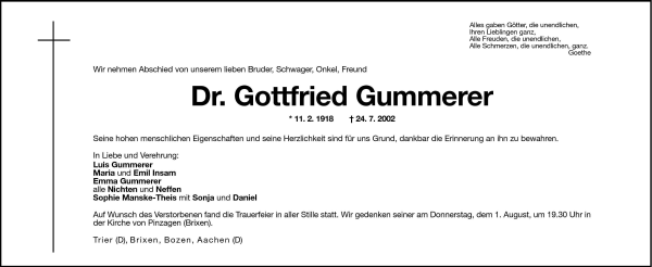 Traueranzeige von Gottfried Gummerer von Dolomiten