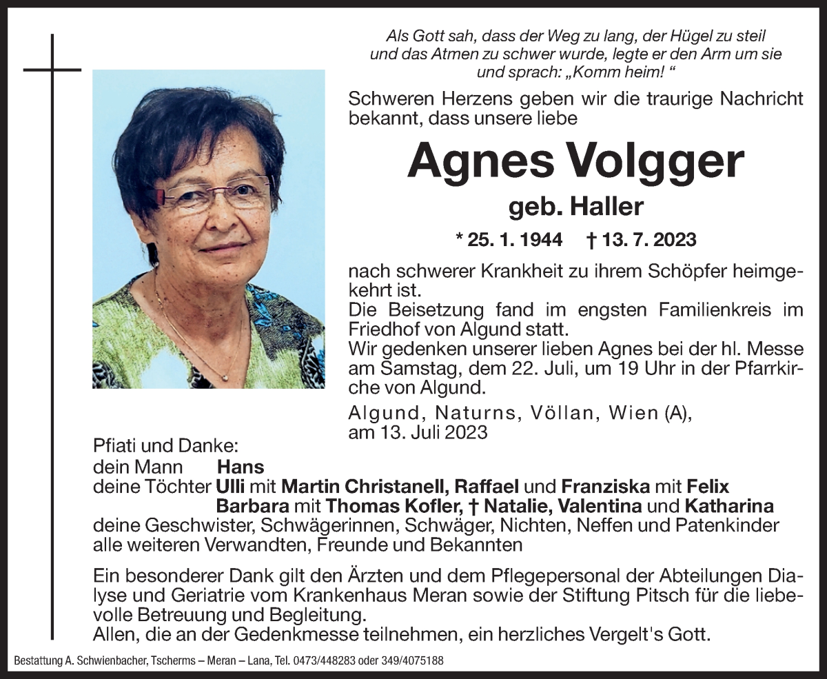  Traueranzeige für Agnes Volgger vom 19.07.2023 aus Dolomiten