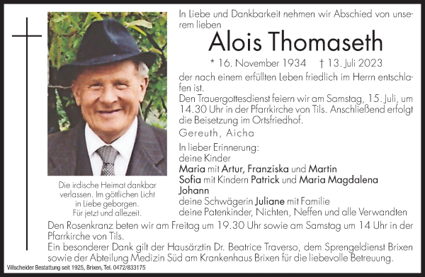 Traueranzeige von Alois Thomaseth von Dolomiten